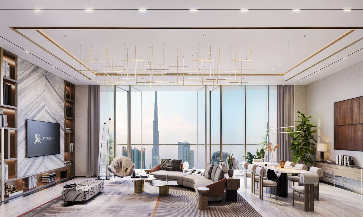 Living room with Burj Khalifa view (developer imagery)